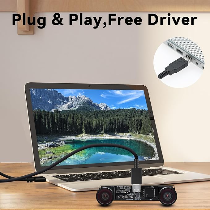 Magnolia 3D Stereo USB Camera 1080P 60FPS Webcam Dual Synchronized Lens with 113° Wide Angle View 4MP Lightburn Camera USB2.0 Plug &amp Play for VR/QR Codes Scanning/Face Recognition