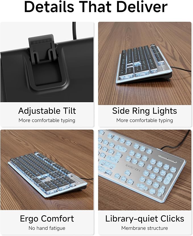 EWEADN GX710S Backlit Computer Keyboards Wired USB Keyboard with Blue Backlit Metal Panel Plug and Play Pudding Keycaps Full Size Quite Computer Keyboard for Win/PC/Laptop-Black