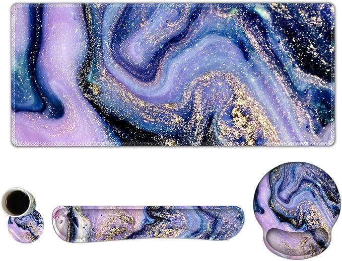 ARTSO Large Mouse Pad Ergonomic Keyboard Wrist Rest Support Combo Memory Foam Gel Wrist Pad Extended Desk Mat Protector Non-Slip Desk Blotter Purple Marble