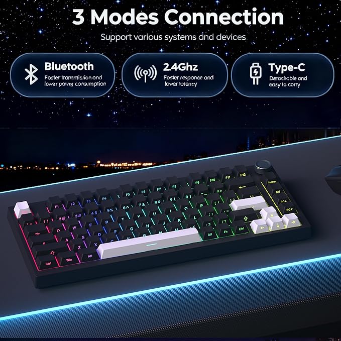 Keymatic Wireless Mechanical Keyboard75% Hot Swappable Custom Keyboard with KnobRGB BacklitSide Printed PBT Keycaps2.4GHz/USB-C/BT5.0 Mechanical Gaming Keyboards