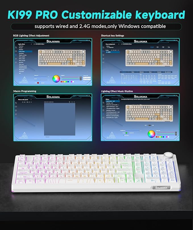 SOLAKAKA KI99 Pro 96% Wireless Mechanical Keyboard RGB Gaming Keyboard Hot-Swappable Pre-Lubed Switches Gasket Structure Creamy Keyboards (Contour-Style White Non-Silent Version)