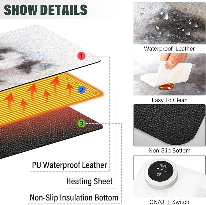 Husky Puppy White Black Print Heated Mouse Pad Large Non-Slip PU Leather Desk Mat with 3 Heating Levels &amp 3 Hours Auto Shut-Off for Home Winter Office