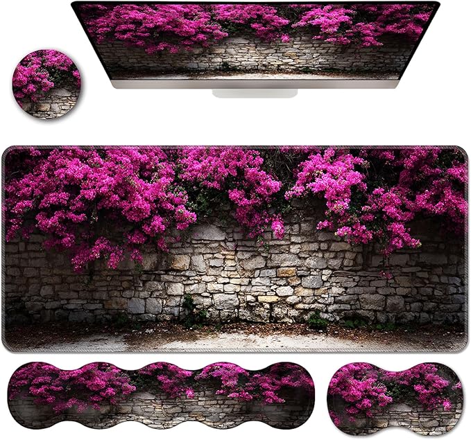 Ergonomic Keyboard Wrist Rest &amp Mouse Pad Wrist Rest SetXL Gaming Desk Mat 31.5x 11.8Non-Slip BaseMemory FoamEasy Typing Pain Relief for Office &amp HomePink Floral Stone