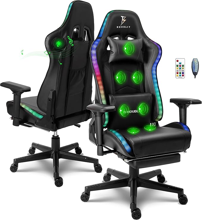 TBQATNTS Gaming Chair with Massage and SpeakersLed RGB Lights and Footrest Gaming ChairErgonomic Computer Chair High Back Video Game Chair with Adjustable Lumbar Support Linkage Armrest.Blackupgra