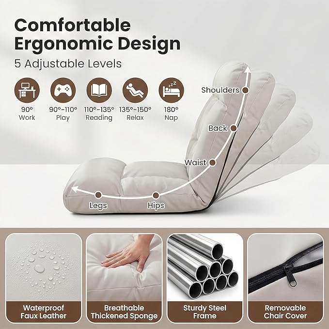 Folding Floor Chair with Back Support 5 Adjustable Position Padded Sleeper Bed Couch Recliner Comfy Floor Gaming Chair for Adults Meditation Reading Living Room Bedroom
