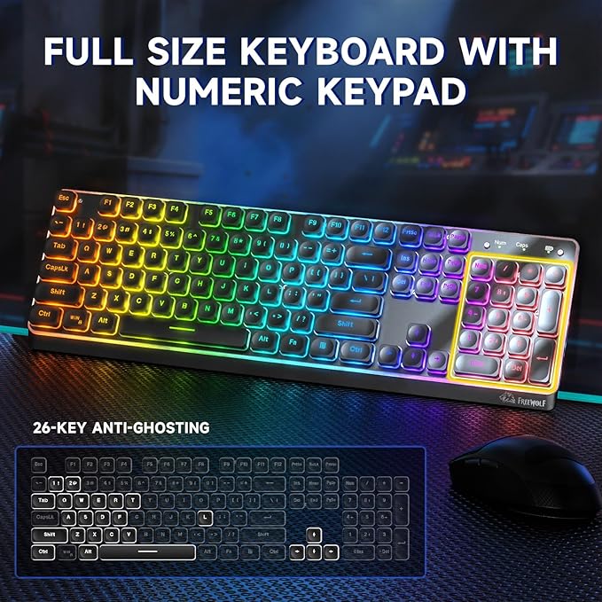 M104 Wireless Gaming Keyboard Wired/Bluetooth Mechanical Feel Light up Membrane Computer Keyboard with Numeric Keypad RGB Full Size Mental Panel 4000MAH Rechargeable Quiet for PC Gamer-Black