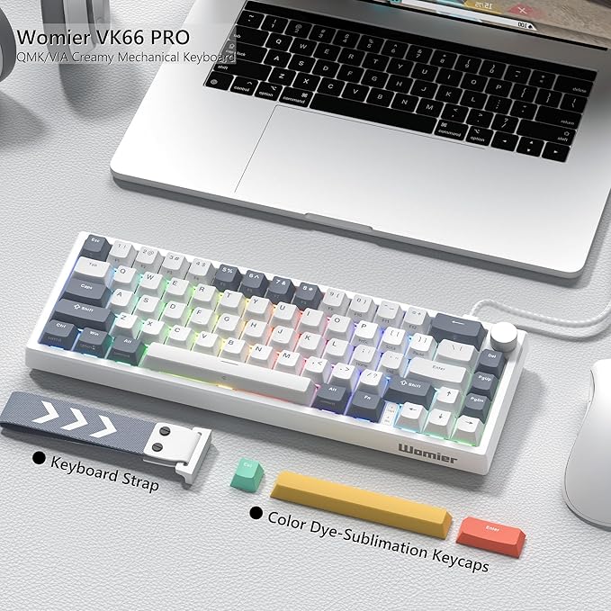 Womier VK66 PRO 60% Gaming Keyboard Wired QMK/VIA Creamy Mechanical Keyboard Hot Swappable Gasket Mount RGB Key Board &amp Translucent Keycaps (White)