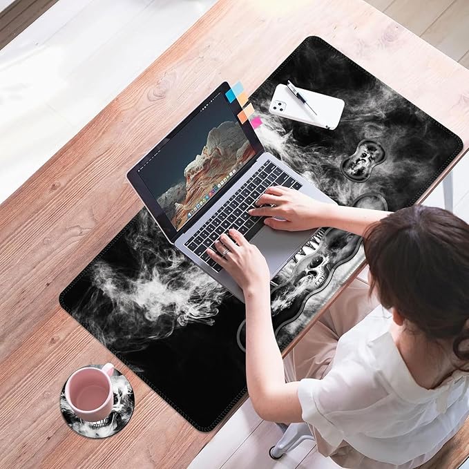 Mouse PadLarge Desk Mat Set 4in1 XL Mousepad + Keyboard Wrist Rest+Mouse Wrist Rest+Coaster with Ergonomic Desk Pad for Home Office Table Computer Cover -Smoky Skull Art