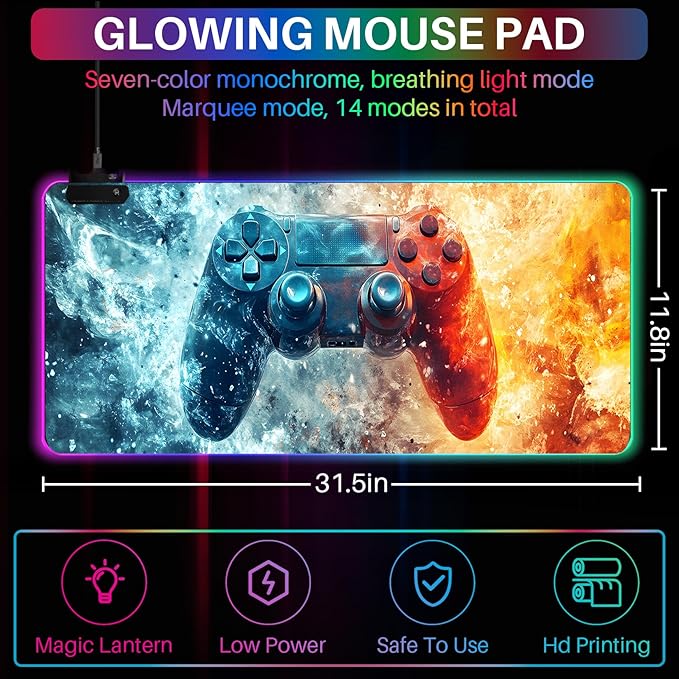 XL Led Gaming Mouse Pad with 14 Light Modes - Light Up Gamer Mouse Pad31.5 x 11.8in Non-Slip Gamepad Style RGB Large Gamer MousepadBlack Long Glowing Gaming Accessories for DeskWaterproof
