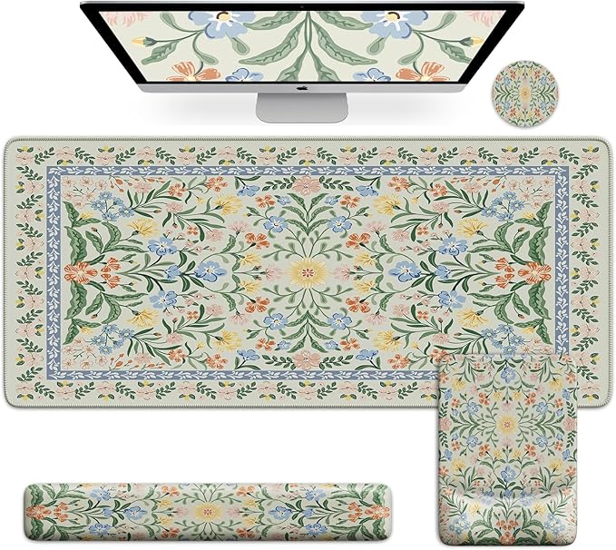 iCasso Mouse Pad with Wrist RestLarge Desk Mat SetErgonomic Keyboard Pad with Wrist SupportNon-Slip Mouse Mat for WomenCute Floral Computer Mat for Home Office Gaming (Green Floral)