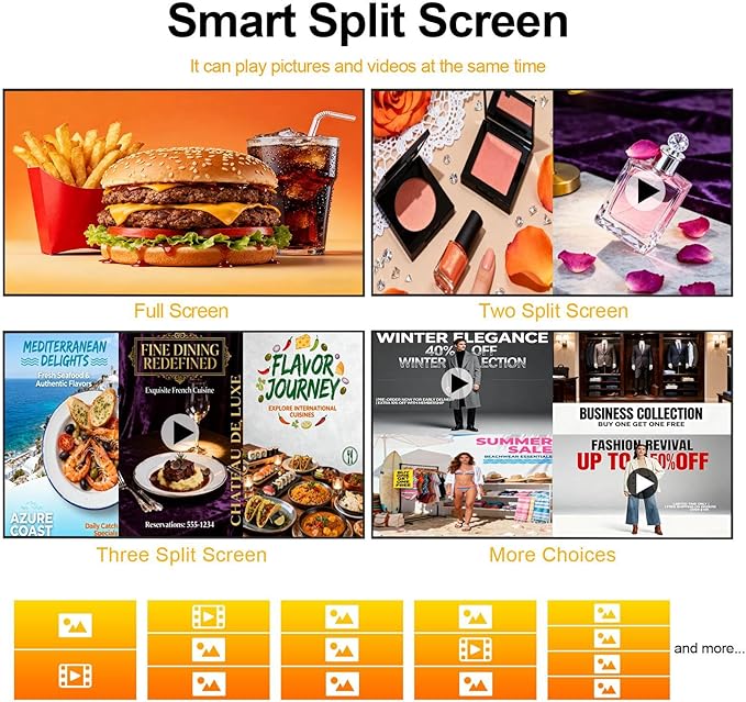 43 Inch 4K Wall Mount Digital Signage 700nits High Brightness Slim Frameless Advertising Display Commerical Display LCD Monitor with CMS/U-Disk Plug&ampPlay Split Screen 7/24 Timer switchHDMI/US
