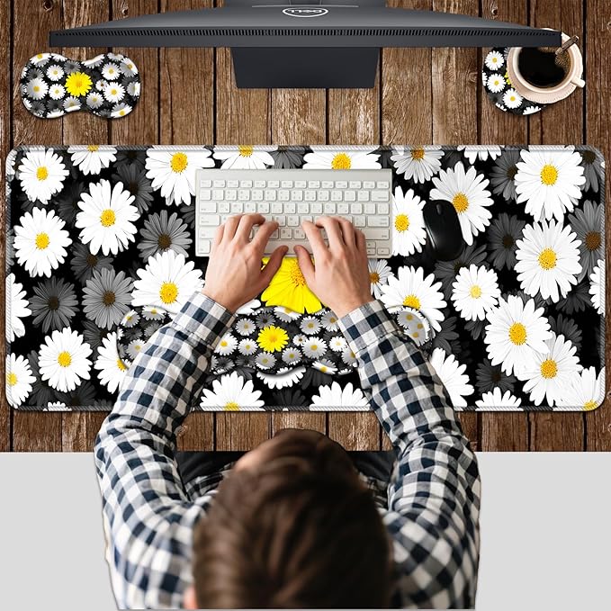 Ergonomic Keyboard Wrist Rest &amp Mouse Pad Wrist Rest SetXL Gaming Desk Mat 31.5x 11.8Non-Slip BaseMemory FoamEasy Typing Pain Relief for Office &amp HomeYellow Daisy