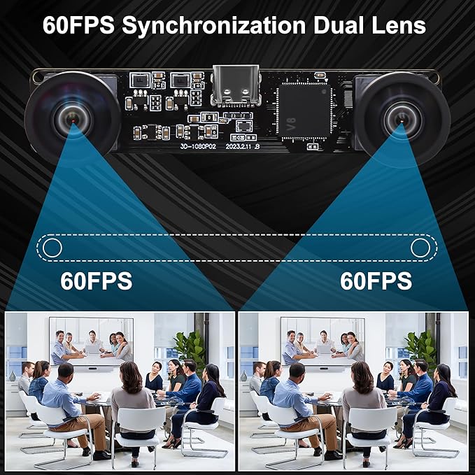 60fps USB Camera 4MP Synchronization Webcam Module with 120Degree No Distortion Dual Lens 3840X1080P 3D Stereo Webcam for PC Computer Cam for Face Recognition VR Biometric Detection