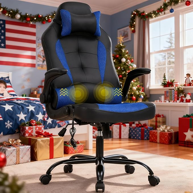 Massage Gaming Chair Ergonomic Office Chair High Back Desk Chair PU Leather Executive Chair with Lumbar Support Headrest Armrest PC Racing Computer Chair Task Rolling Swivel Chair Blue