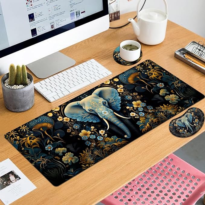 Large Mouse Pad with Mouse Wrist Rest 31.5x11.8 in Extended Mouse Mat with Non-Slip PU Base Ergonomic Memory Foam Wrist Rest for Work &amp Gaming Writing Pad Flowers Ornate Elephant Office Desk P