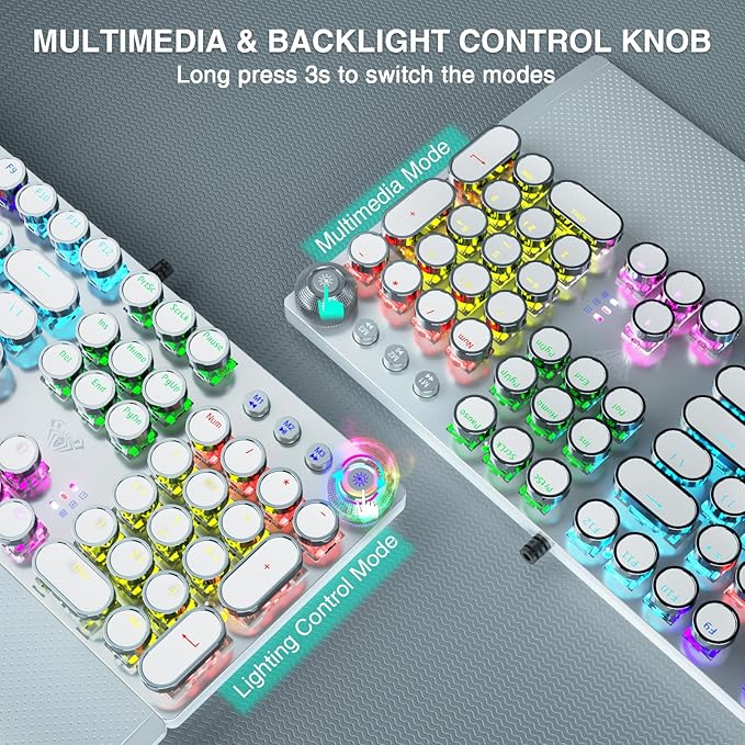 AULA F2088 Typewriter Style Mechanical Gaming KeyboardRainbow LED BacklitRemovable Wrist RestMedia Control KnobRetro Punk Round KeycapsUSB Wired Computer KeyboardWhite (Renewed)