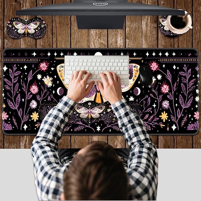 Ergonomic Keyboard Wrist Rest &amp Mouse Pad Wrist Rest SetXL Gaming Desk Mat 31.5x 11.8Non-Slip BaseMemory FoamEasy Typing Pain Relief for Office &amp HomePurple Floral Moth