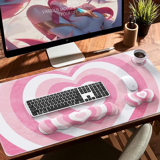 iLeadon Keyboard Mouse Pad Set Large Gaming Mouse Pad + Keyboard Wrist Rest + Mouse Pad with Wrist Support + Coaster Easy Typing Pain Relief Desk Mat Set Valentines Day present for Her Pink Heart