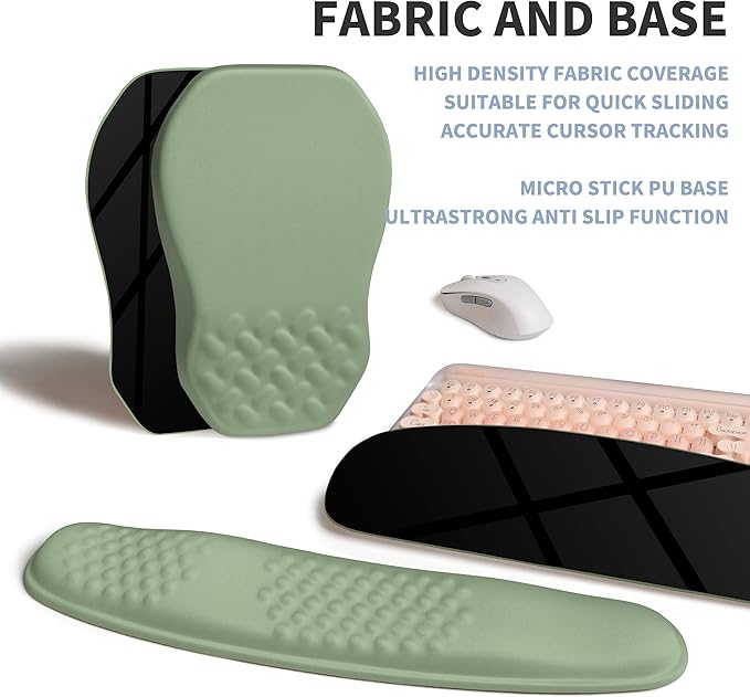 2-in-1 Ergonomic Set Wave Keyboard Wrist Rest and Massage Slope Mouse Pad Wrist Support Rebound Memory Foam for Relieve Carpal Tunnel Syndrome and Wrist Pain (Olive Green)
