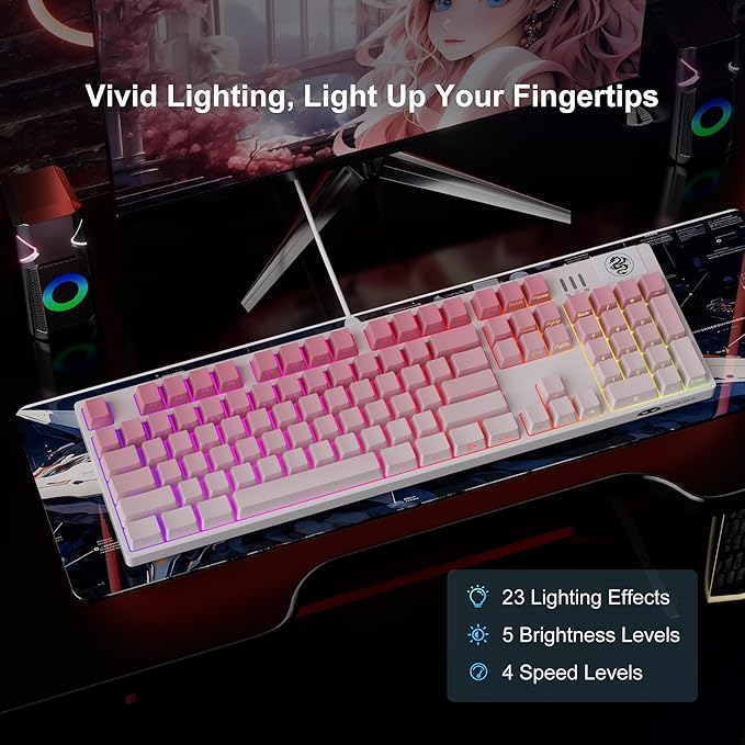 MageGee MK-Storm Mechanical Gaming Keyboard 104 Keys Wired Light Up Keyboard with Linear Red Switch RGB Backlit Side-Printed Keycaps N-Key Rollover for Laptop Desktop PC (Gradient Pink)