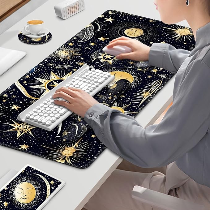 Gaming Mouse Pad Large Desk Mat Cute Desk Pad Protector 4in1 XXL Mousepad + Keyboard Wrist Rest+Mouse Wrist Rest+Coaster Set with Ergonomic Desk Pad for Home Office PC Computer Stars and Moon