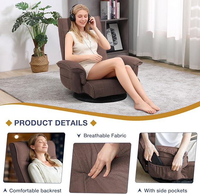 Linen Fabric Ergonomic Gaming Chair 6-Position Reclining Sofa Bed with Lumbar Support Foldable Floor Lounger with Thick Cushion Armrests &amp Side Pockets for Esports Reading Napping (Brown)
