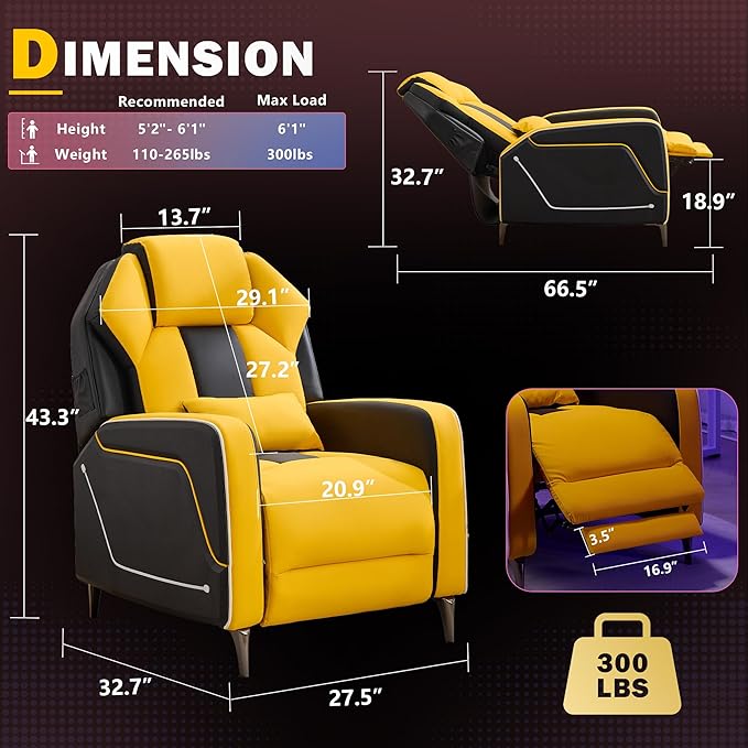 Gaming Recliner Chair with LED Lights Racing Style Big and Tall PU Leather Gaming Chair for Adults Lumbar Support Modern Ergonomic Comfortable Home Theater Seating for Living Room (Yellow)