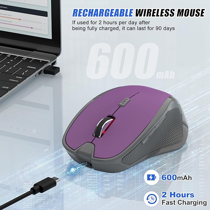 Bluetooth Wireless Mouse 2.4G Rechargeable Computer Mouse for MacBook Air iPad Pro PC with Jiggler Mode 3 DPI Levels &amp Forward/Back Buttons Laptop Mice for Office/Home/School - Red