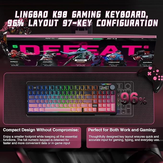 LINGBAO K98 PRO Mechanical Keyboard Wireless with Screen &amp KnobRGB Gaming Keyboard Tri-Mode BT5.0/2.4GHz/USB-C Gasket Mount Hot-Swappable Linear Switches Gamer Keyboards for PC/Mac/Linux/Andro