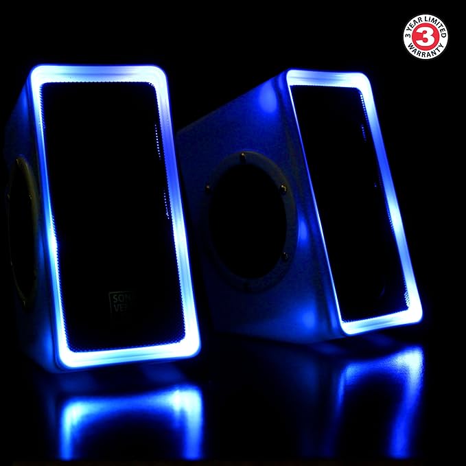 GOgroove Gaming Computer Speakers with Blue LED Light - SonaVERSE O2i Speakers for Desktop Laptop PC - USB Speaker 2.0 with AUX Input in-Line Volume Control Bass Stereo Sound 14W (White)