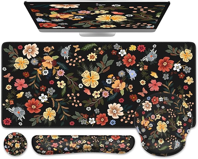 iCasso Desk Cover Mat 4in1 Floral Large Mouse Pad with Wrist Rest Desk Matt for Desktop Anti-Slip XXL Big Computer Ergonomic Mousepad with Wrist Support for Keyboard and Mouse (Flowers)