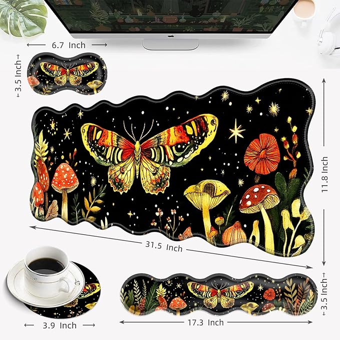 Desk Mat Mouse Pad with Wrist Rest 4-in-1 Large Mouse Pads for Desk Ergonomic Mouse Pad and Keyboard Wrist Rest Gaming Keyboard Mat for OfficeMushrooms and Butterflies