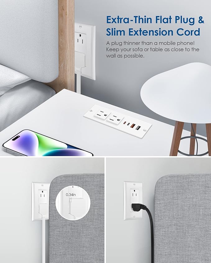 Recessed Power Strip 30W USB CFurniture Flush Mount Desk Outlet2 Outlets 4 USB PortsRecessed Outlet for Side Table/Sofa TableUltra Thin Flat Plug Power Strip3FT Cord (White)