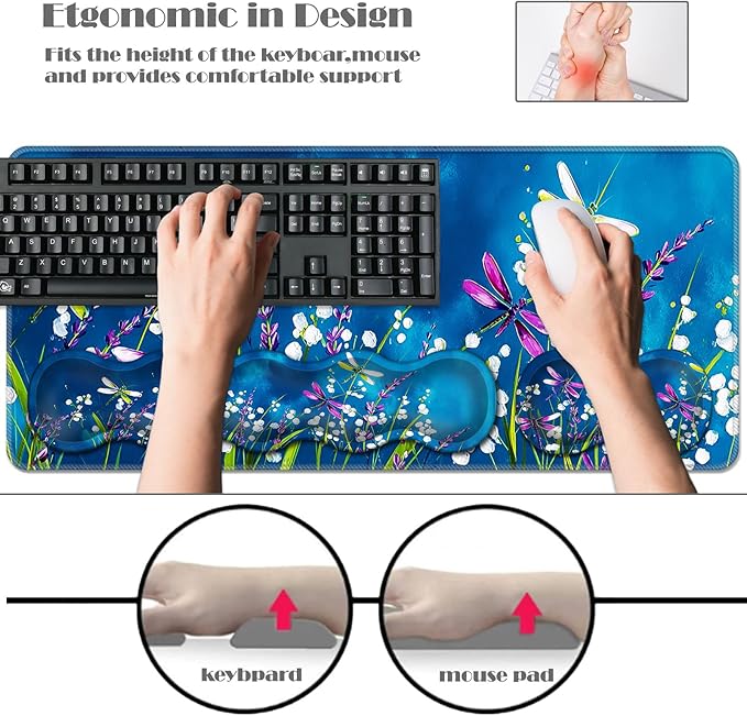 Ergonomic Keyboard Wrist Rest &amp Mouse Pad Wrist Rest SetXL Gaming Desk Mat 31.5x 11.8Non-Slip BaseMemory FoamEasy Typing Pain Relief for Office &amp HomeDragonflies Over Flower Field