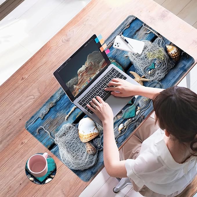 Mouse PadLarge Desk Mat Set 4in1 XL Mousepad + Keyboard Wrist Rest+Mouse Wrist Rest+Coaster with Ergonomic Desk Pad for Home Office Table Computer Cover -Rustic Beach Heart Seashells