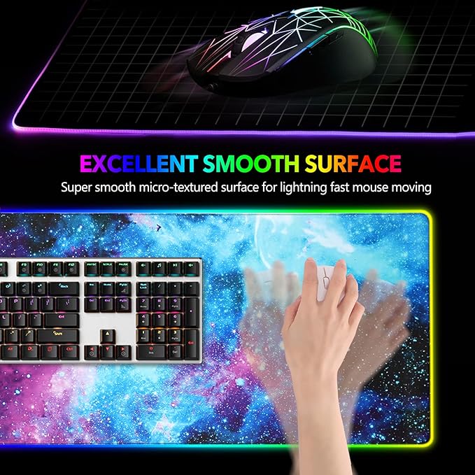 AIMSA RGB Gaming Mouse Pad Extended Large Led Mousepads Non-Slip Rubber Base with 14 Lighting Modes Computer Keyboard Mat Soft Desk pad Waterproof 35.4 x 15.8 inches Galaxy Nebula Universe