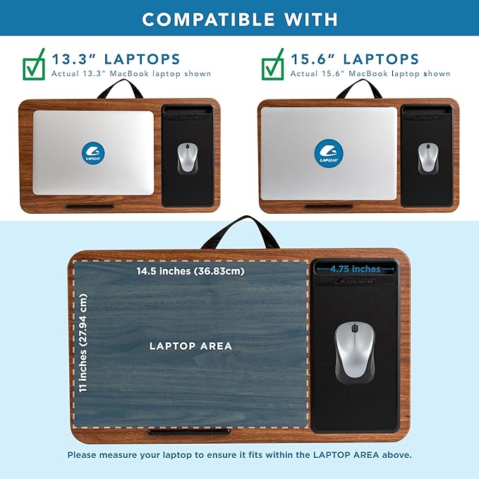 LAPGEAR Home Office Lap Desk with Device Ledge Mouse Pad and Phone Holder - Espresso Woodgrain - Fits up to 15.6 Inch Laptops - Style No. 91575