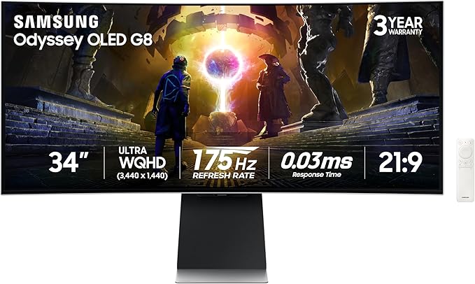 Samsung 34 Odyssey OLED G8 (G85SD) Ultra-QWHD QD-OLED G-Sync Compatible Curved Gaming Monitor 175Hz 0.03ms Glare-Free Display AMD FreeSync Premium Pro 3 Yr WarrantyLS34DG856SNXZA2024