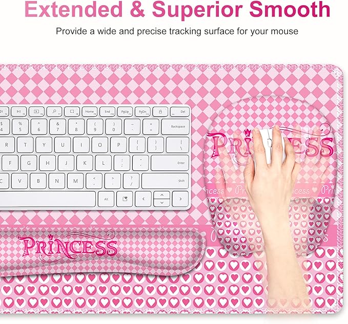 Mouse Pad with Wrist Support 4 in1 Set XXL Big Game Mousepad + Keyboard Wrist Rest + Mouse Wrist Rest Pad +Coaster Gaming Mat for Home Office Work Computer Laptop I Pink Checkered Princess Girl