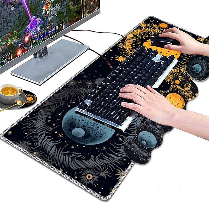 Large Gaming Mouse Pad Keyboard Wrist Rest Pad + Mouse Wrist Pad + Coaster 4 in 1 Set Extended Waterproof Non-Slip Desk Mat Suitable for Office Home Learning Games Moon Sun and Stars
