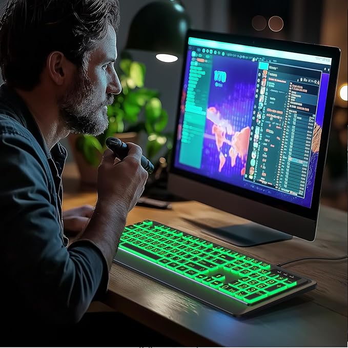 Large Print Backlit Computer Keyboards 7 Colors Backlight USB Keyboard Plug-and-Play Foldable Stands Corded Full Size Keyboard for Windows PC Laptop (Black Large)