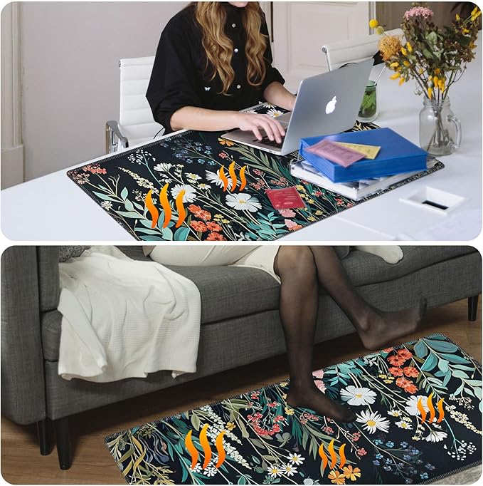 Warm Desk Pad Warm Mouse Pad Gaming Office Desk Matwith 3 Levels Heated &amp 3 Hours Auto Shut - 23.6 x 14.2 inch PU Leather Laptop Keyboard Mat for Home Office Hand WarmerCute Black Flower