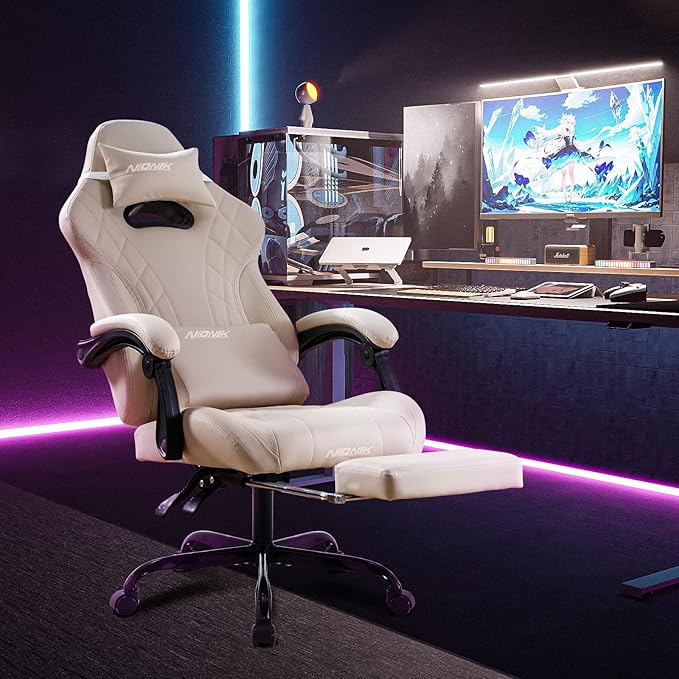 Gaming Chair with Footrest and Massage Lumbar Support Ergonomic Computer Gamer Chair Office Video Game Chairs with Adjustable Height and Backrest (Beige)