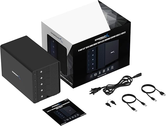 SABRENT 5-Bay USB 3.2 Gen 2 SATA Docking Station for 3.5” HDD/SSD 10Gbps USB-C DAS Tray-Less Hot-Swap Aluminum Enclosure with 120mm Cooling Fan Individual Power Switches No RAID (DS-SC5B)