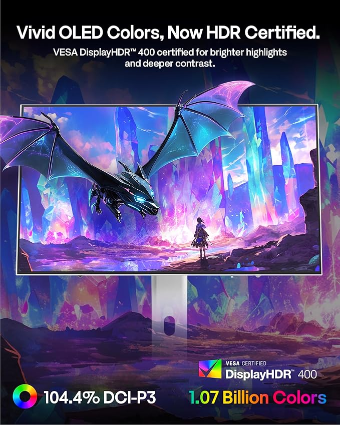 Pixio PX277 OLED Max V2 White 27 inch 240Hz Refresh Rate QHD Wide 1440p Resolution WOLED Display 0.03ms GTG Response Time Adaptive Sync KVM Switch Gaming Monitor
