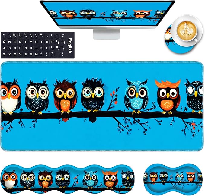 Keyboard Wrist Rest and Mouse Pad with Wrist Support Set Ergonomic CoasterMemory FoamEasy Typing Pain ReliefLarge XL Desk Mat 31.5x 11.8Cute Owls on a Branch