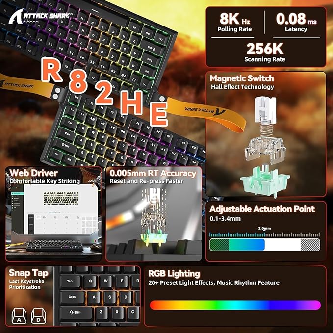 ATTACK SHARK R82 HE Rapid Trigger Wired Mechanical Gaming Keyboard TKL NKRO with 8K Polling0.005mm RT Accuracy256K Scan Rate5 Layer Sound DampedHall Effect Magnetic SwitchDriver for PC Mac(Black)