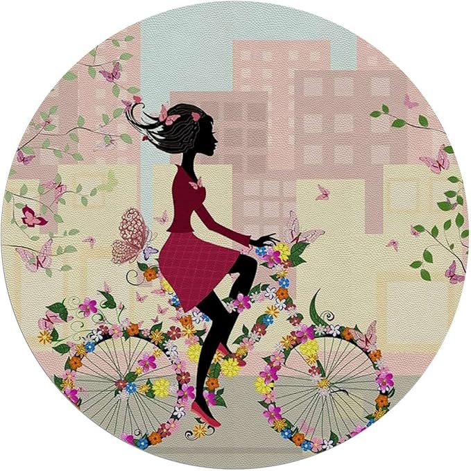 Multicolor PU Leather Round Area Rug Swivel Chair Mats for Hardwood Floor Flowers Butterflies Leaves Branches Image Floor Protector Office Chair Mat Gaming Chair Mat Bicycle Girl Diameter 39.4 in