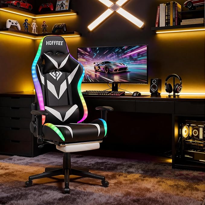 HOFFREE Gaming Chair with Bluetooth Speakers and Led Lights Massage Video Game Chair with Footrest Reclining High Back Computer Gamer Chair White and Black