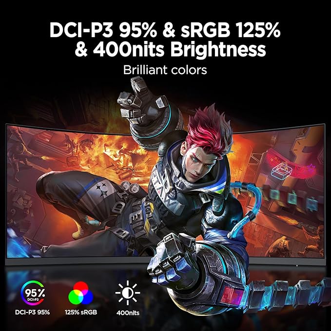 KOORUI 34-inch Ultrawide Curved WQHD 3440×1440 Gaming Monitor 165Hz 144Hz Curved 1000R- PIP/PBP 1ms(MPRT) with DisplayHDR 400 FreeSync Premium 75 * 75mm VESA HDMI/DisplayPort 34E6UC